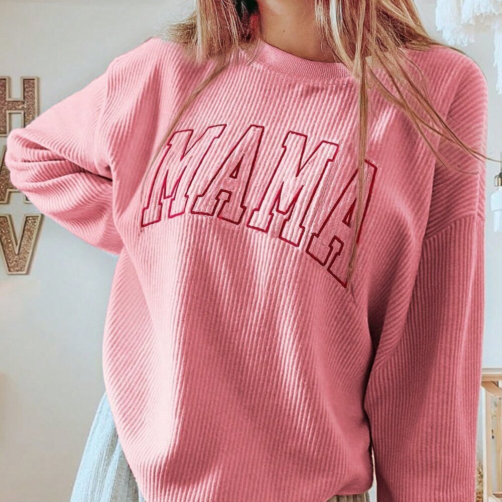 Pink Casual Loose Fit Women's Mama Embroidered Printed Sweatshirt Pullover